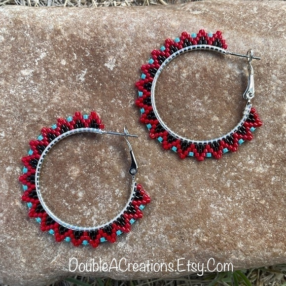 Red and Turquoise Beaded 1 1/4” Hoops, Handmade - Picture 3 of 8